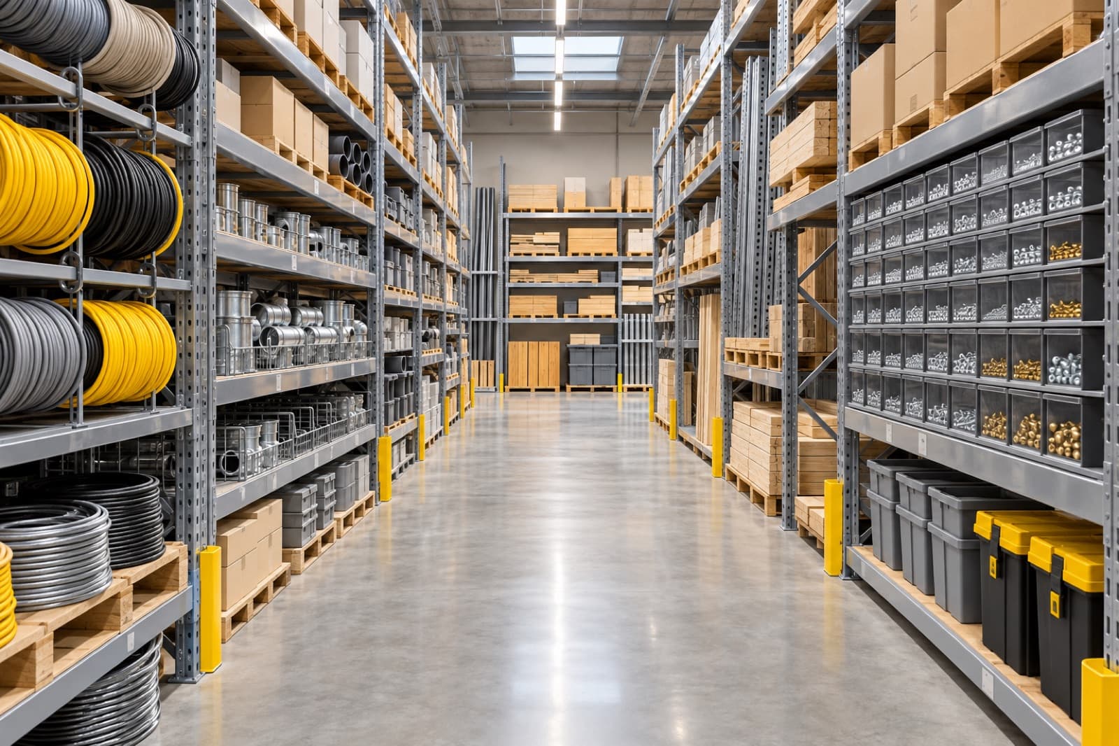 A hardware store aisle of steel shelving with boxes, drawers of fixings and coils of cable