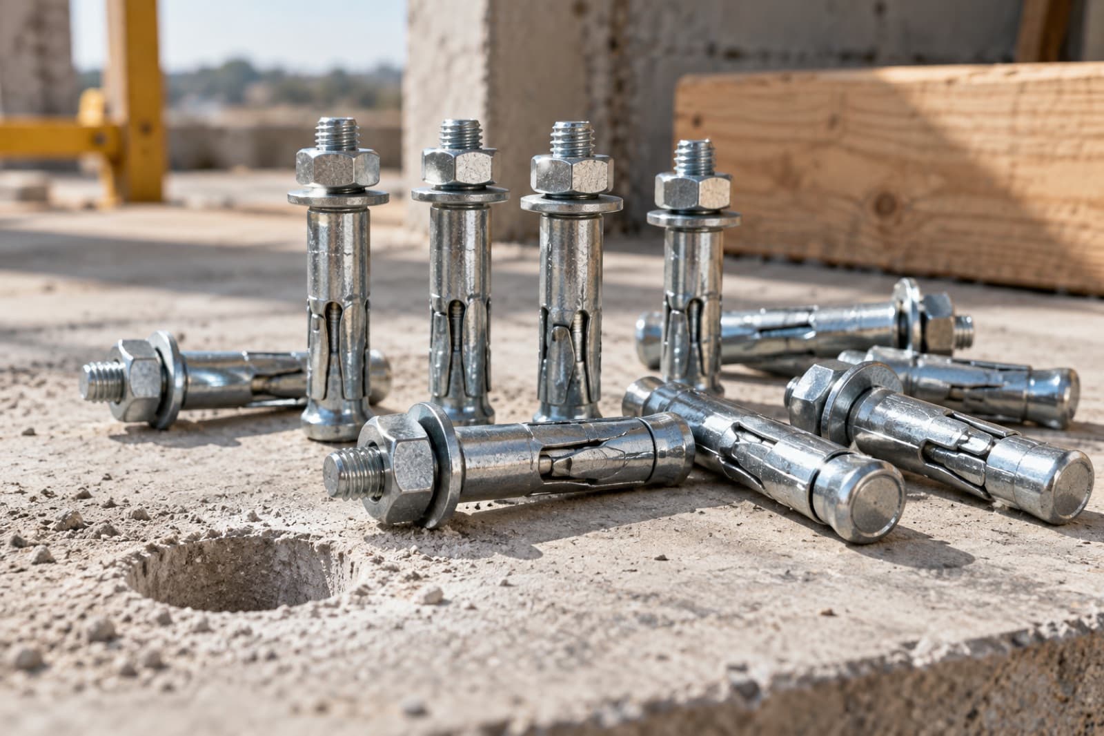 Steel sleeve anchors with nuts and washers beside a hole drilled in concrete