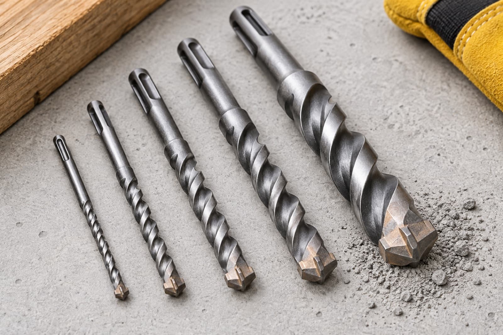 A row of masonry drill bits with carbide tips on a concrete surface