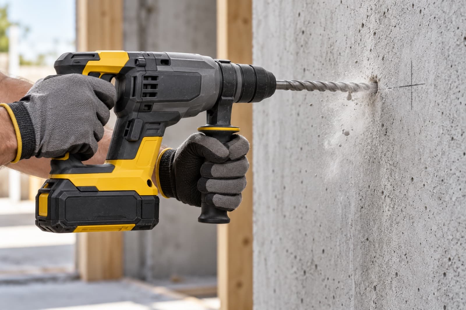 Gloved hands drilling into a concrete wall with a cordless hammer drill