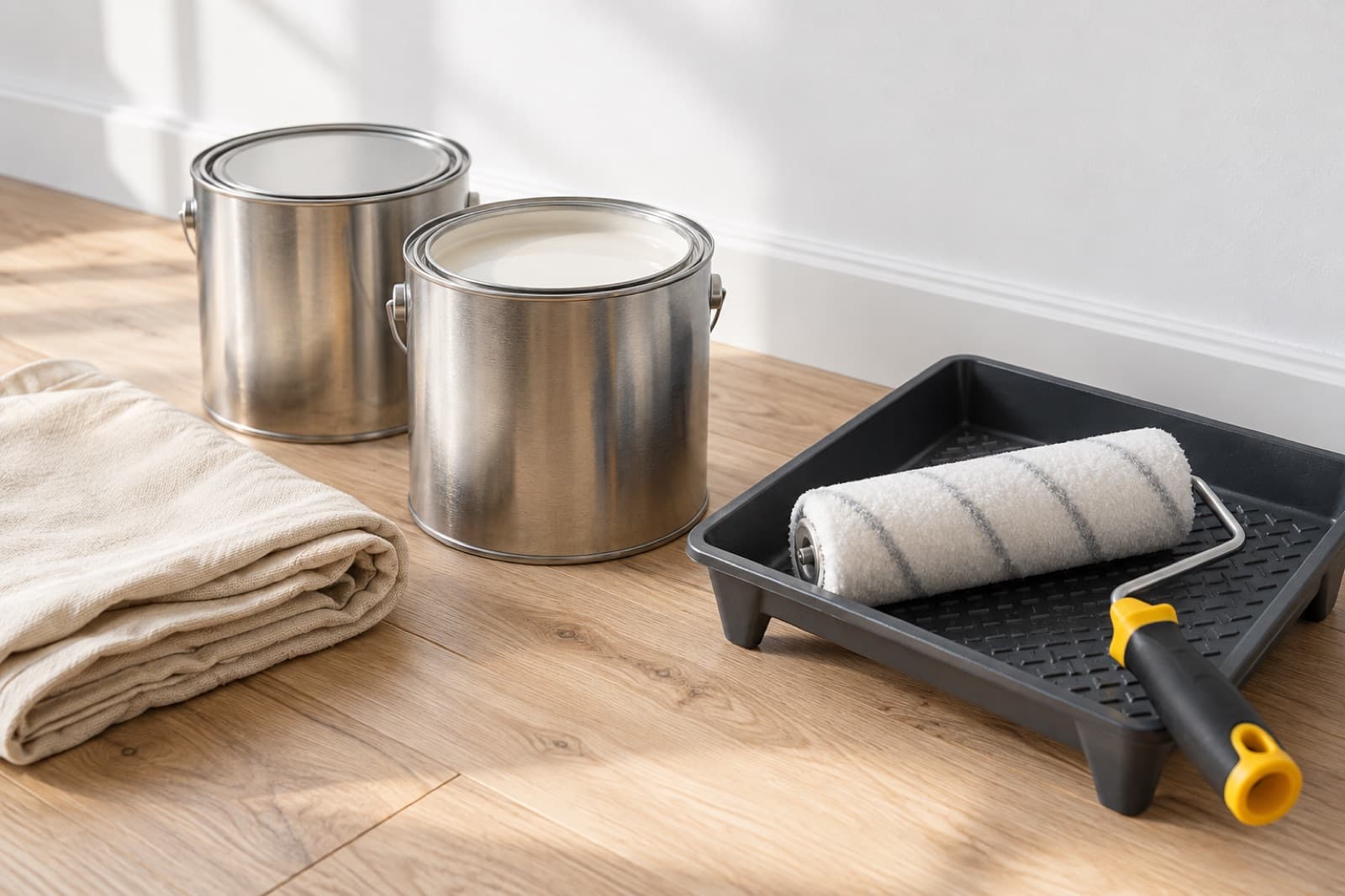 Two plain paint tins, a roller in a tray and a drop cloth on a timber floor